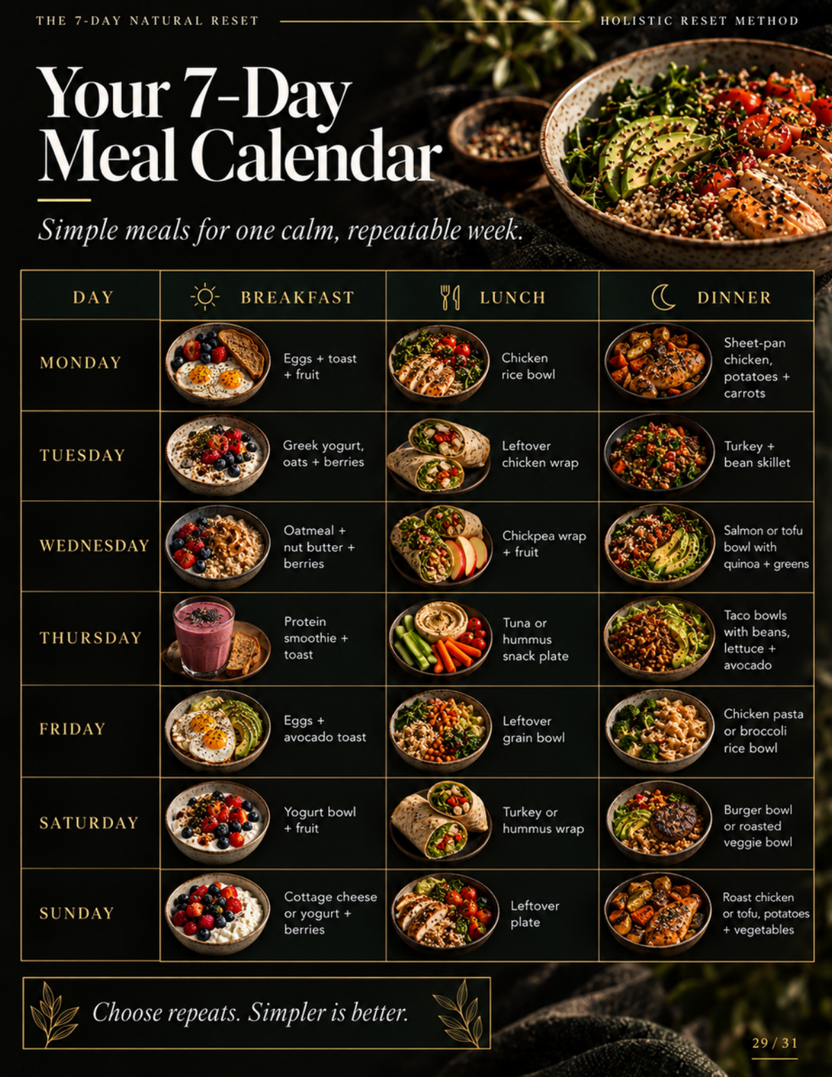 New 7-Day Natural Reset complete meal calendar preview