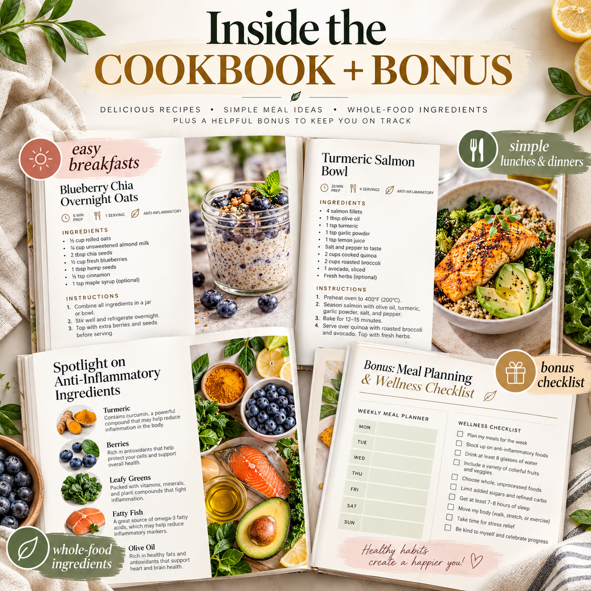 Inside preview of the Anti-Inflammatory Cookbook and bonus checklist