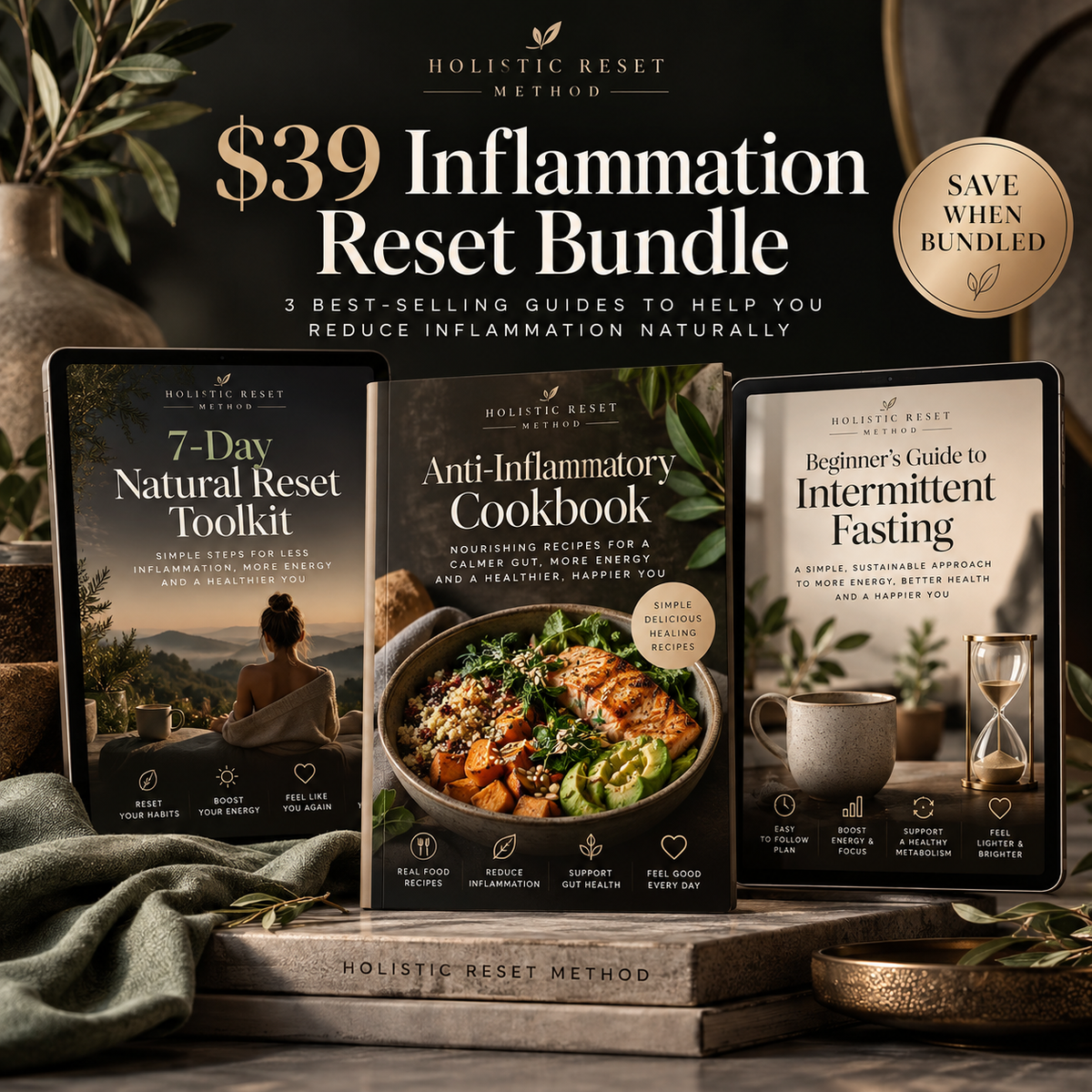 $39 Inflammation Reset Bundle featuring the 7-Day Natural Reset Toolkit, Anti-Inflammatory Cookbook, and Beginner’s Guide to Intermittent Fasting
