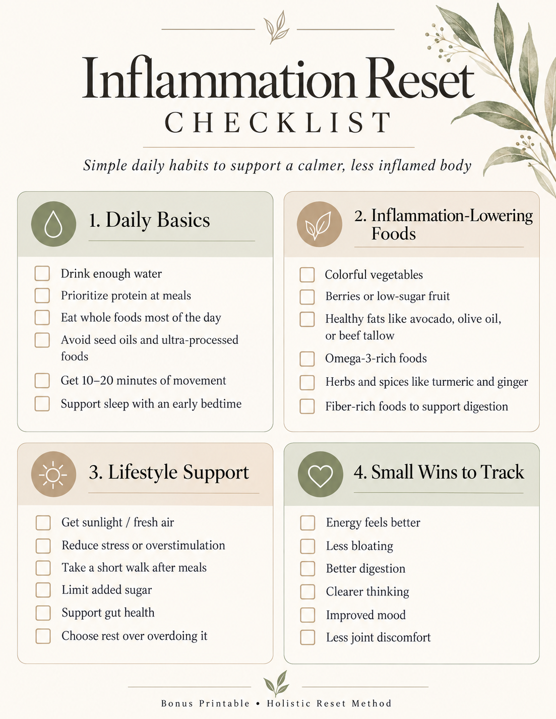 Inflammation Reset Checklist bonus printable from Holistic Reset Method